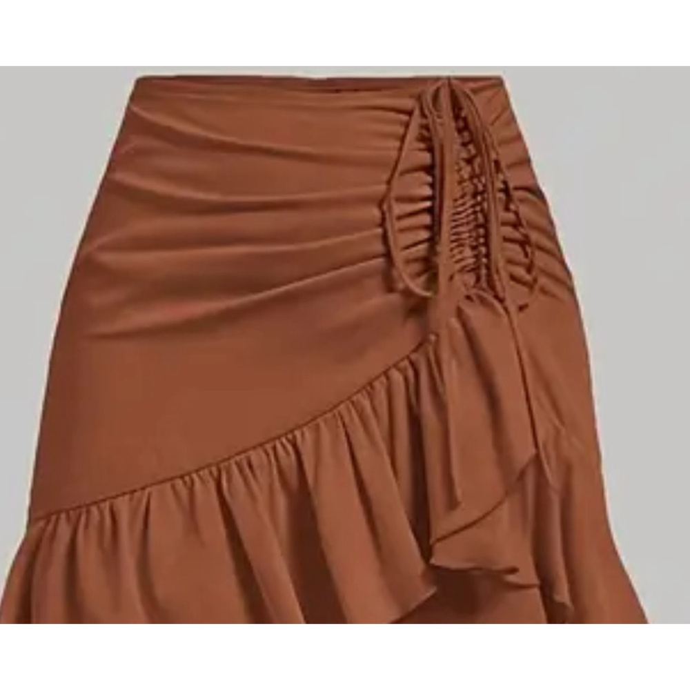 Bohemian Western Skirt Cinch Ruched Drawstring Brown Terracotta Rodeo Skirts - Picture 6 of 11
